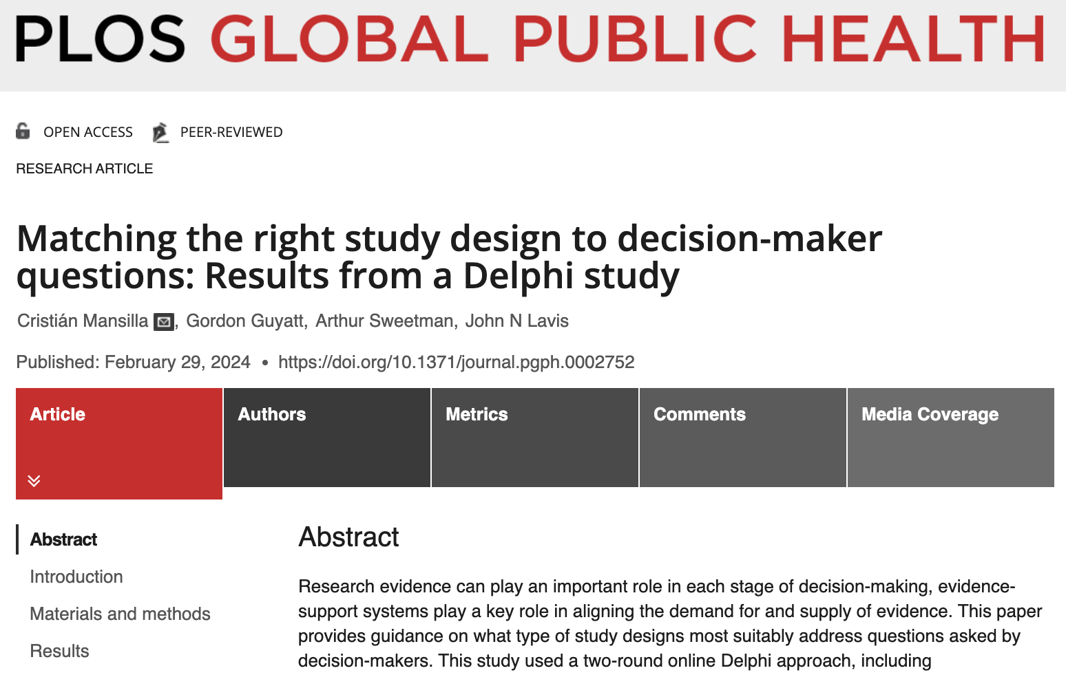 Matching the right study design to decision-maker questions: Results from a Delphi study